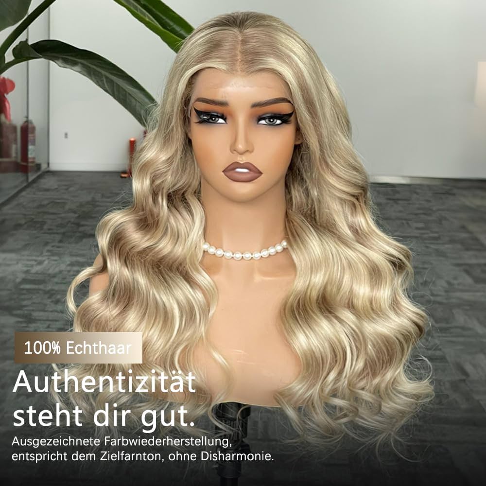 Densité 220% 100% Cheveux Vierges Perruque Pour Femmes Balayage et Highlights Blond Vanille Cendré Vagues de Plage 24 Pouces Dentelle Nude UHD 13x4 Pré-Épilée Ligne de Cheveux Invisible