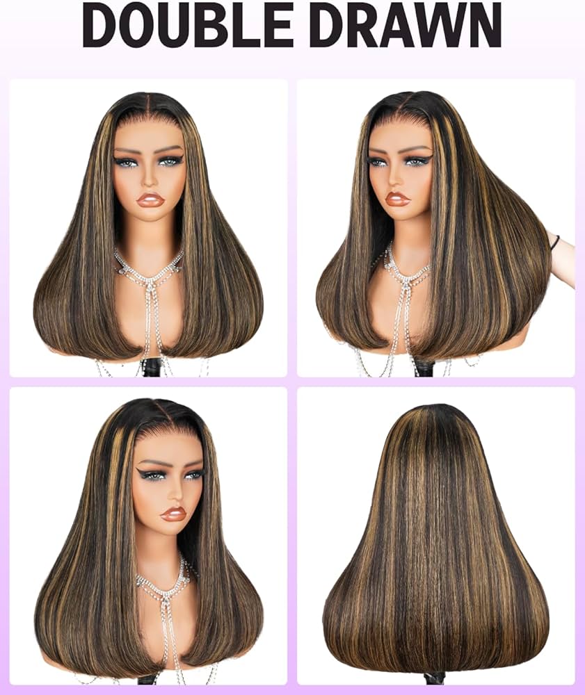MegaLook Perruque en cheveux naturels sans colle, 12 x 15 cm, tulle à l'avant, pour femme noire, 12A, soyeuse, balayage, lisse, pré-pincée