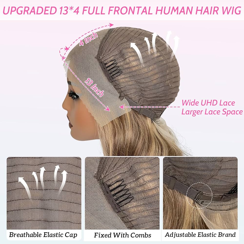 100% Cheveux Vierges Perruque Highlights Misty Moon Doré Money Piece Blond Cendré Lisses Densité 200% Dentelle Nude UHD 13x6 Flexibilité de Séparation Ligne de Cheveux Invisible（20inch）