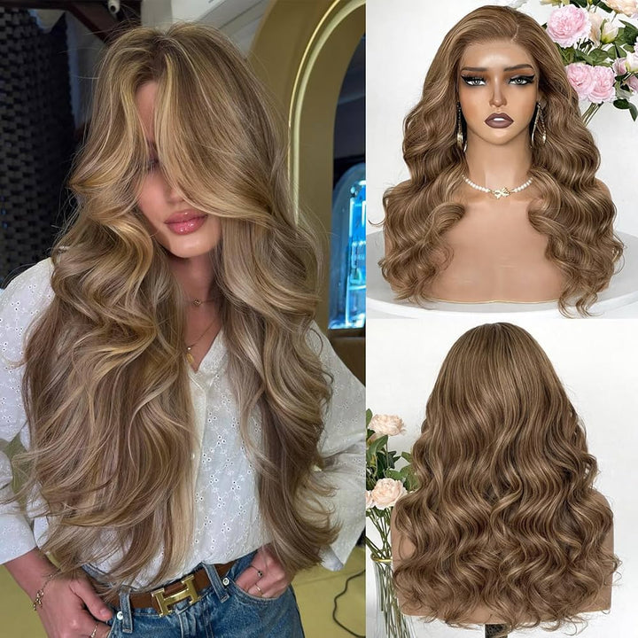 100% Cheveux Vierges Perruque Highlights Misty Moon Doré Money Piece Blond Cendré Lisses Densité 200% Dentelle Nude UHD 13x6 Flexibilité de Séparation Ligne de Cheveux Invisible（20inch）
