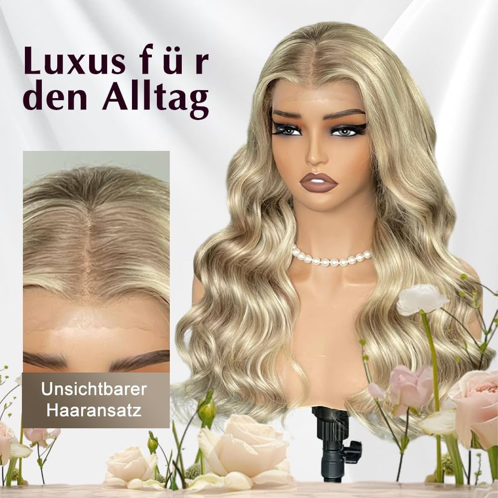 Densité 220% 100% Cheveux Vierges Perruque Pour Femmes Balayage et Highlights Blond Vanille Cendré Vagues de Plage 24 Pouces Dentelle Nude UHD 13x4 Pré-Épilée Ligne de Cheveux Invisible