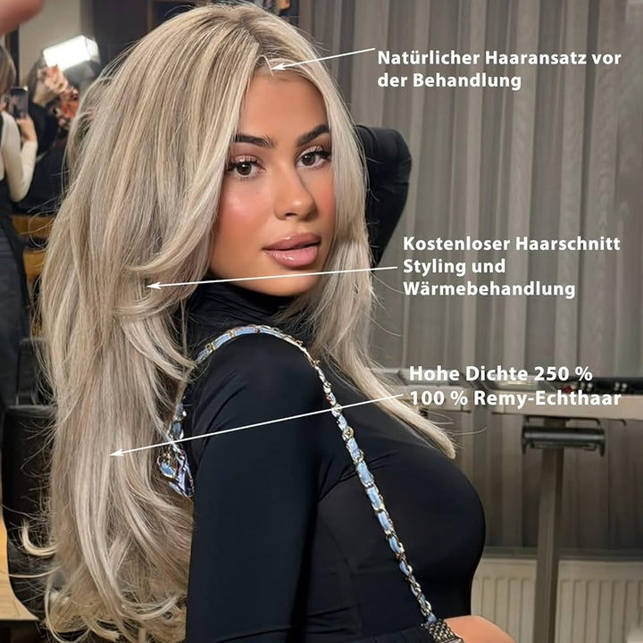 Perruque Cheveux Humains Blond Cendré avec Mèches 66 cm Qualité Salon UHD 6x8 Dentelle Frontale Transparente 250% Densité Lisse Sans Colle Prêt à Porter Bonnet Ajustable pour Femmes