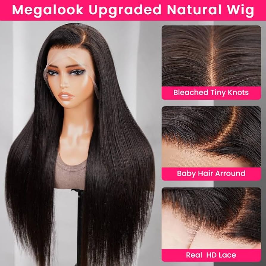 MEGALOOK Upgraded 13x4 Pre Cut Lace Front Bleached Knots Wigs 200% Density Perruque Femme Naturelle Brésilien Perruque Cheveux Humain Wear and Go Glueless Wigs Natural Hairline 36 Pouces