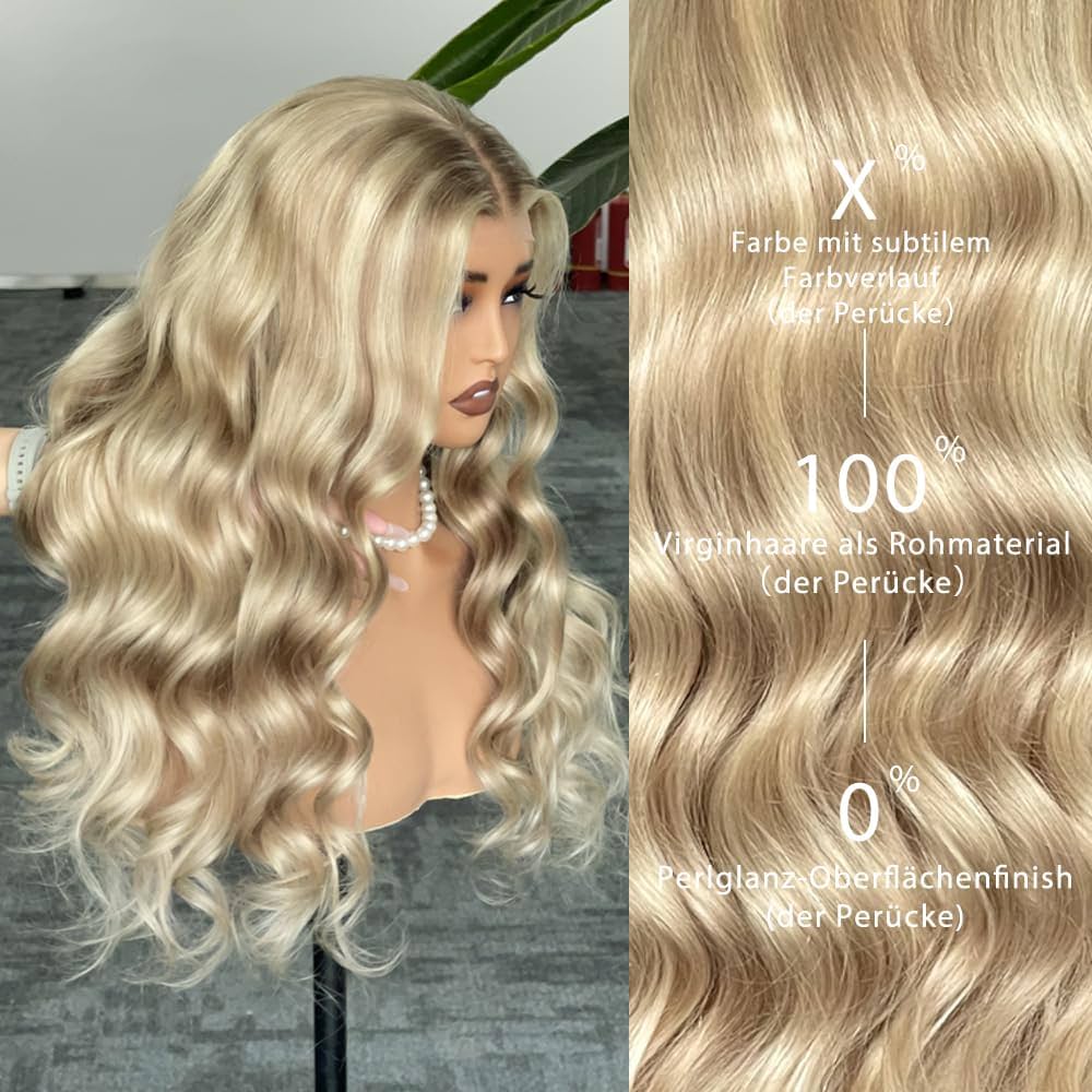Densité 220% 100% Cheveux Vierges Perruque Pour Femmes Balayage et Highlights Blond Vanille Cendré Vagues de Plage 24 Pouces Dentelle Nude UHD 13x4 Pré-Épilée Ligne de Cheveux Invisible