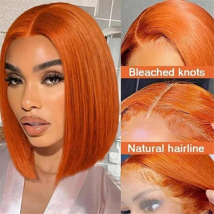 Perruques de cheveux Perruque courte en dentelle orange roux, cheveux humains lisses, avec raie T transparente