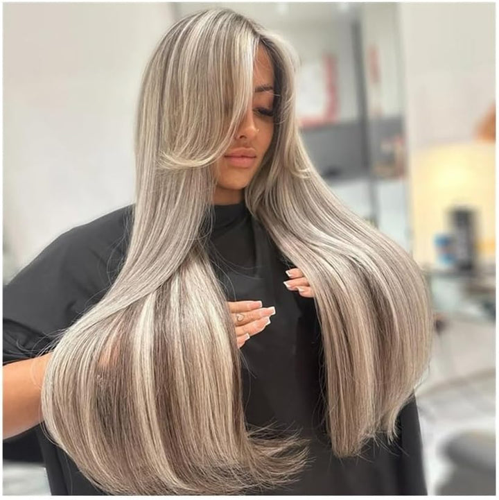 Perruques de cheveux Perruque Lace Front Wig naturelle lisse 13x6, cheveux humains, brun cendré, reflets, transparente(10inches)