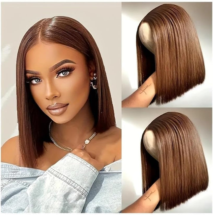 Perruques de cheveux Perruques courtes en cheveux humains, coupe au carré, 13x4, densité 180%, 4#, perruque frontale dentelle transparente et lisse(8inches)