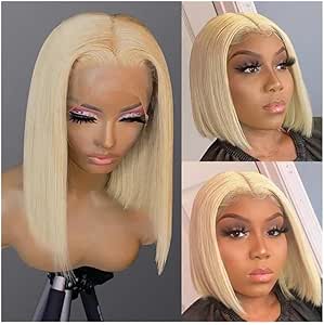 Perruques de cheveux Perruque courte et lisse style bob #613, 13x4, cheveux humains avec dentelle frontale, for femmes(8inches)