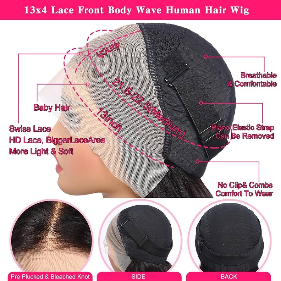 Perruques cheveux humains 13x4 Pre Cut Lace Wig Human Hair For Black Women 200% Density Pre Plucked with Baby Hair Bleached Knot Body Wave Wig Wear and Go Glueless Wigs Natural Black Color 36 Pouces