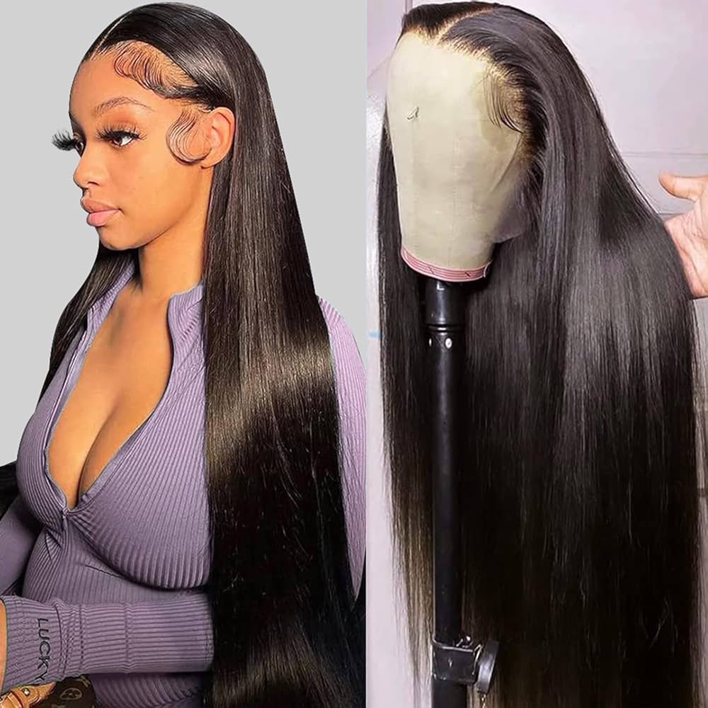 Perruque Bresilienne Cheveux Humain 200% Densité 13x5 Straight Perruque Femme Naturelle HD Lace Frontal Glueless Wig Human Hair for Black Women Couleur Naturelle 24 Pouce