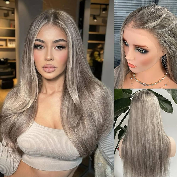 Perruque Cheveux Humains Blond Cendré avec Mèches 66 cm Qualité Salon UHD 6x8 Dentelle Frontale Transparente 250% Densité Lisse Sans Colle Prêt à Porter Bonnet Ajustable pour Femmes