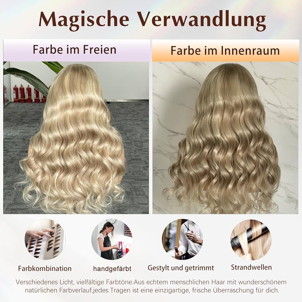 Densité 220% 100% Cheveux Vierges Perruque Pour Femmes Balayage et Highlights Blond Vanille Cendré Vagues de Plage 24 Pouces Dentelle Nude UHD 13x4 Pré-Épilée Ligne de Cheveux Invisible
