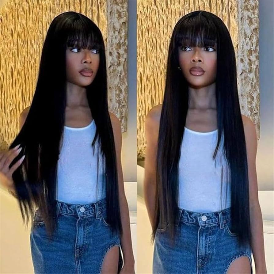 Femmes Perruques brésiliennes en cheveux naturels lisses 3x1 avec raie au milieu et frange Fête quotidienne(32inches)