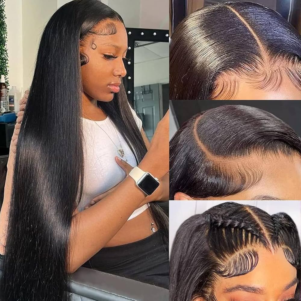 Perruque Bresilienne Cheveux Humain 200% Densité 13x5 Straight Perruque Femme Naturelle HD Lace Frontal Glueless Wig Human Hair for Black Women Couleur Naturelle 24 Pouce