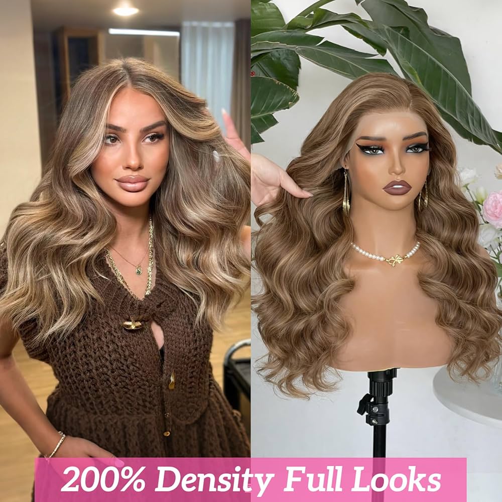 100% Cheveux Vierges Perruque Highlights Misty Moon Doré Money Piece Blond Cendré Lisses Densité 200% Dentelle Nude UHD 13x6 Flexibilité de Séparation Ligne de Cheveux Invisible（20inch）