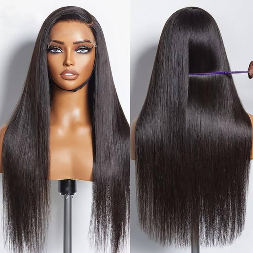 Perruque Bresilienne Cheveux Humain 200% Densité 13x5 Straight Perruque Femme Naturelle HD Lace Frontal Glueless Wig Human Hair for Black Women Couleur Naturelle 24 Pouce