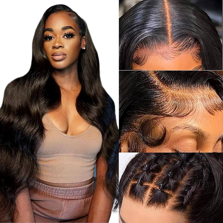 Perruques cheveux humains 13x4 Pre Cut Lace Wig Human Hair For Black Women 200% Density Pre Plucked with Baby Hair Bleached Knot Body Wave Wig Wear and Go Glueless Wigs Natural Black Color 36 Pouces
