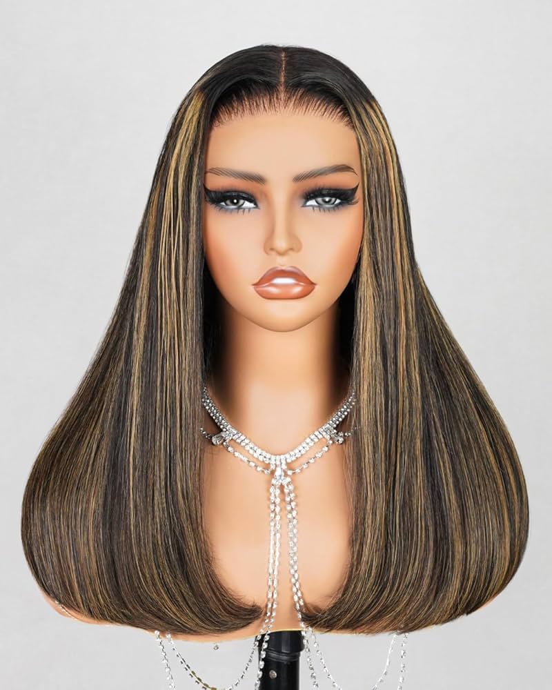 MegaLook Perruque en cheveux naturels sans colle, 12 x 15 cm, tulle à l'avant, pour femme noire, 12A, soyeuse, balayage, lisse, pré-pincée