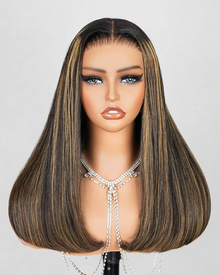 MegaLook Perruque en cheveux naturels sans colle, 12 x 15 cm, tulle à l'avant, pour femme noire, 12A, soyeuse, balayage, lisse, pré-pincée