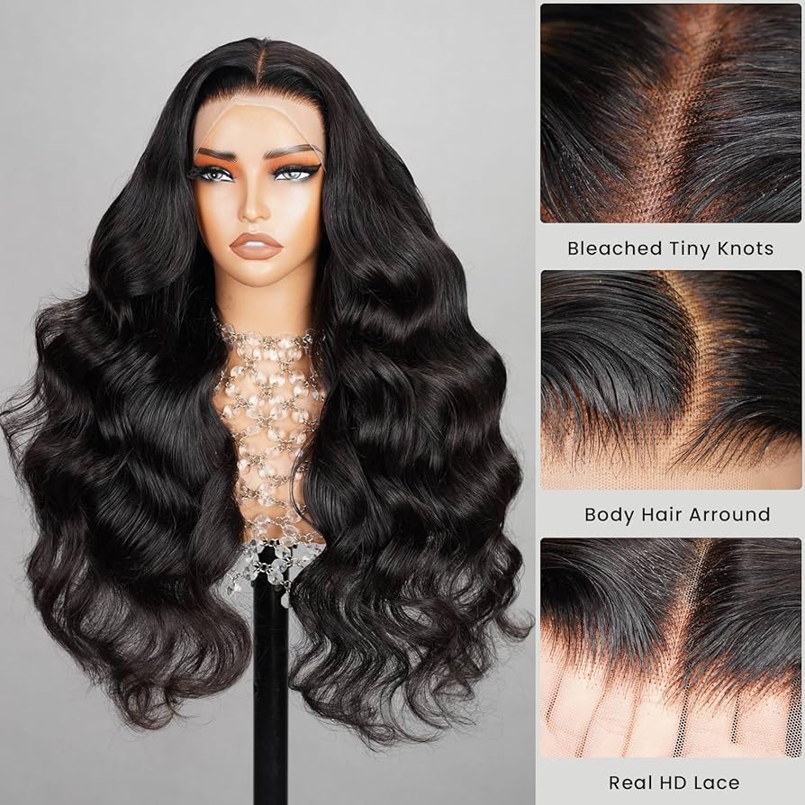 Perruques cheveux humains 13x4 Pre Cut Lace Wig Human Hair For Black Women 200% Density Pre Plucked with Baby Hair Bleached Knot Body Wave Wig Wear and Go Glueless Wigs Natural Black Color 36 Pouces