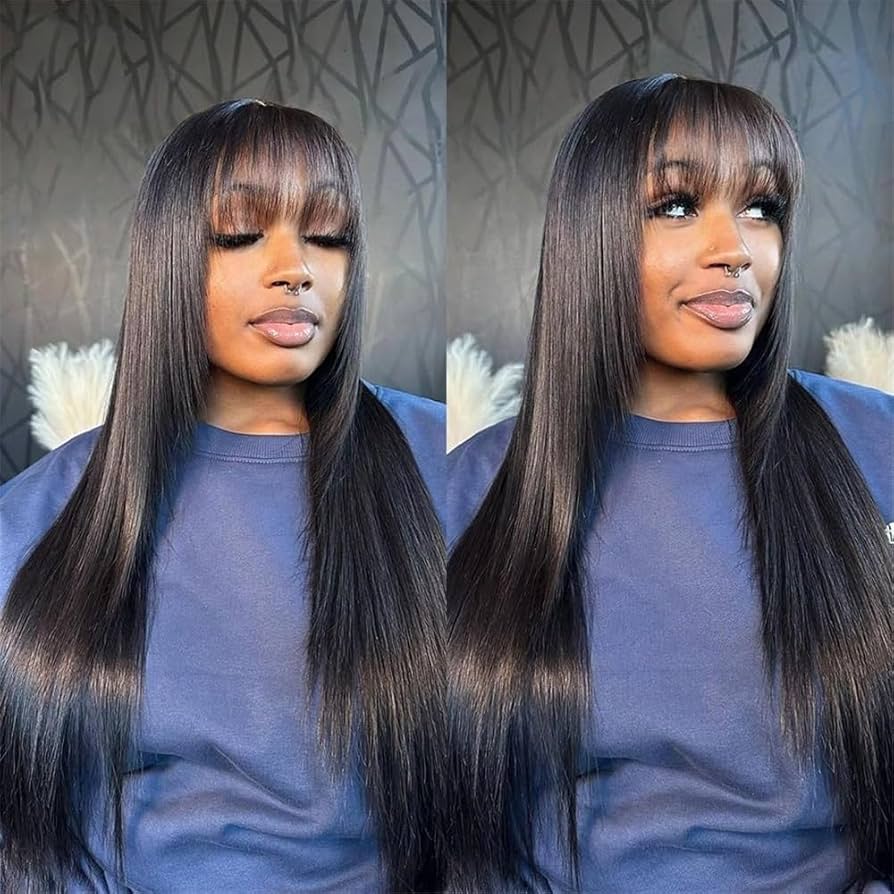 Femmes Perruques brésiliennes en cheveux naturels lisses 3x1 avec raie au milieu et frange Fête quotidienne(32inches)