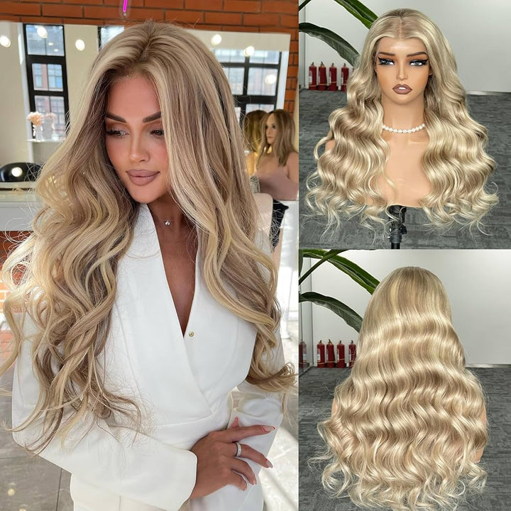 Densité 220% 100% Cheveux Vierges Perruque Pour Femmes Balayage et Highlights Blond Vanille Cendré Vagues de Plage 24 Pouces Dentelle Nude UHD 13x4 Pré-Épilée Ligne de Cheveux Invisible
