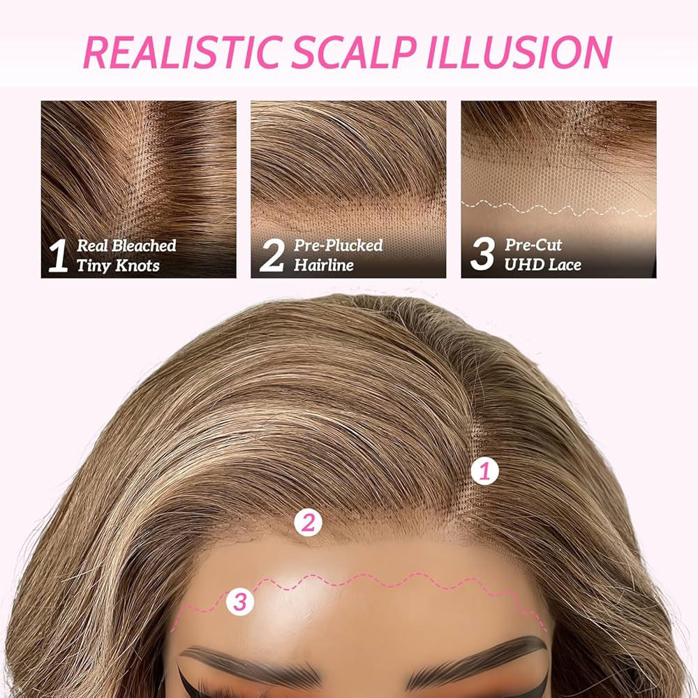 100% Cheveux Vierges Perruque Highlights Misty Moon Doré Money Piece Blond Cendré Lisses Densité 200% Dentelle Nude UHD 13x6 Flexibilité de Séparation Ligne de Cheveux Invisible（20inch）
