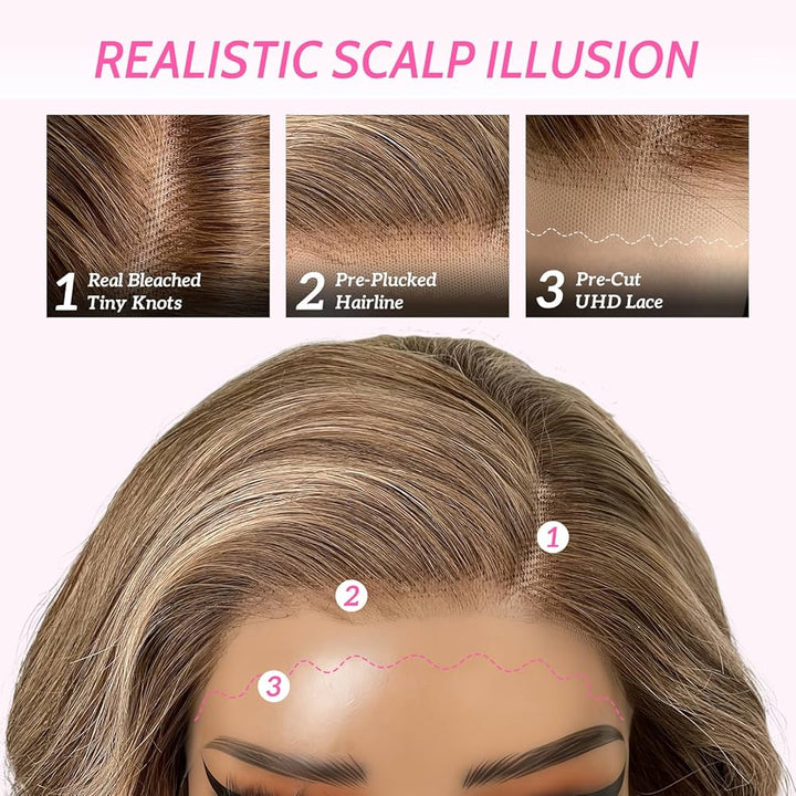 100% Cheveux Vierges Perruque Highlights Misty Moon Doré Money Piece Blond Cendré Lisses Densité 200% Dentelle Nude UHD 13x6 Flexibilité de Séparation Ligne de Cheveux Invisible（20inch）