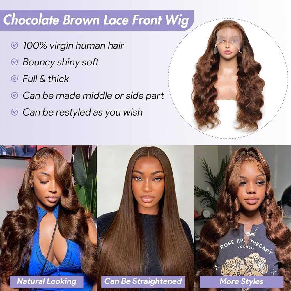 34 Pouces Perruque cheveux humain Body Wave 13X6 HD Lace Front Wigs Human Hair pré-pincé,180% Densité Perruque femme naturelle bresilienne Glueless Wig Human Hair For Black Women Brun Clair #4
