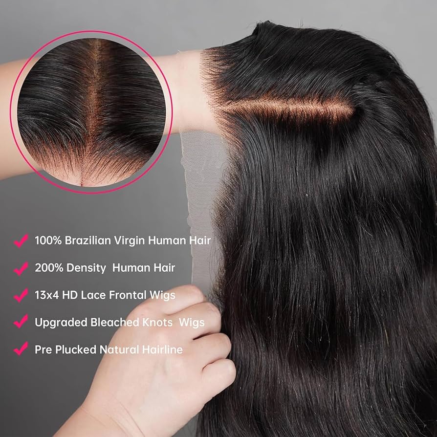 Perruques cheveux humains 13x4 Pre Cut Lace Wig Human Hair For Black Women 200% Density Pre Plucked with Baby Hair Bleached Knot Body Wave Wig Wear and Go Glueless Wigs Natural Black Color 36 Pouces