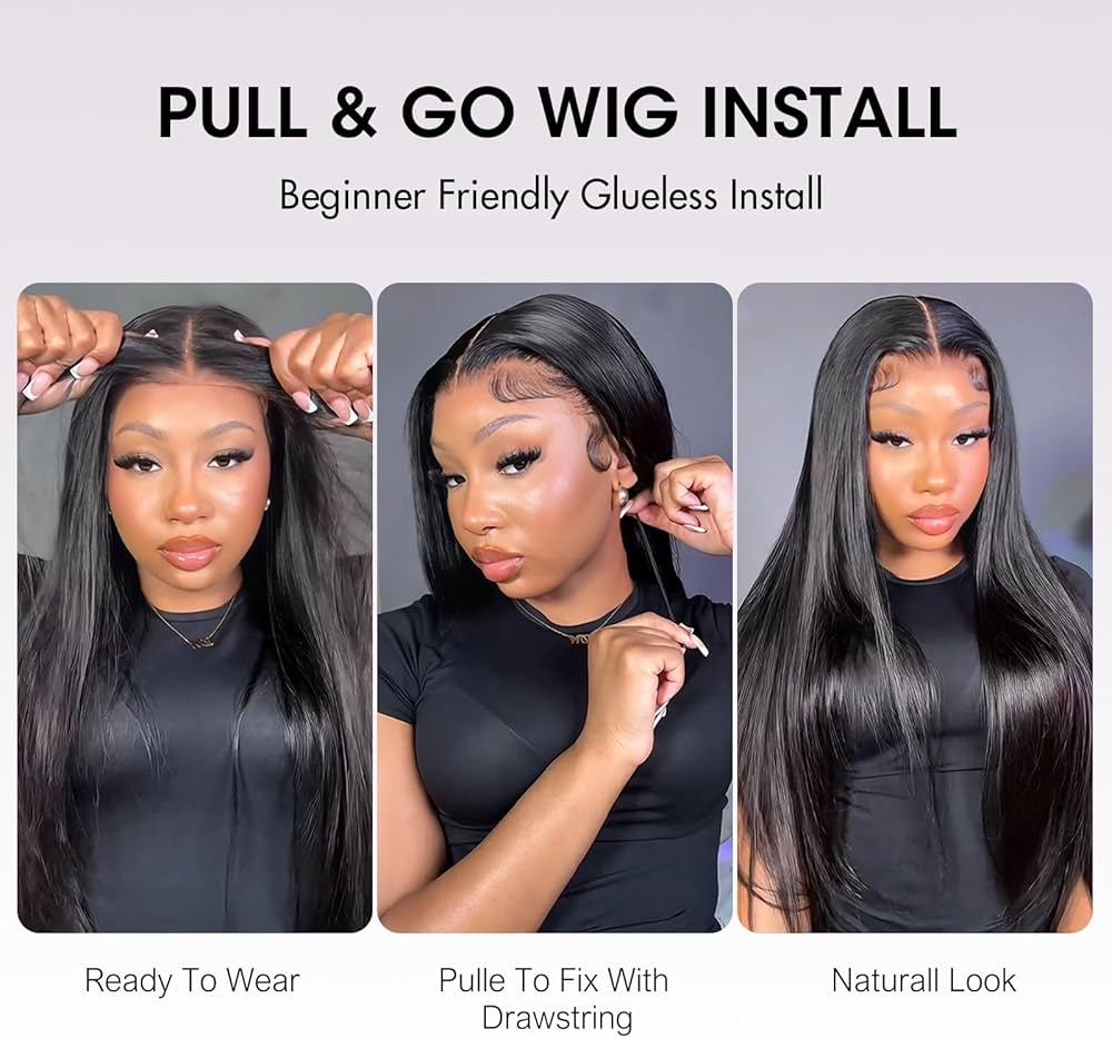 9X6 HD Lace Drawstring Cheveux Humain Sans Colle Perruque Femme Naturelle Brésilien Straight 200 Densité Glueless Wig human Hair Pre Plucked Pre Cut for Women Friendly For Beginners 34 Pouces