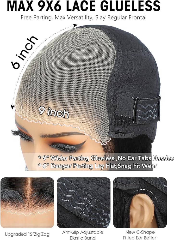 9X6 HD Lace Drawstring Cheveux Humain Sans Colle Perruque Femme Naturelle Brésilien Straight 200 Densité Glueless Wig human Hair Pre Plucked Pre Cut for Women Friendly For Beginners 34 Pouces