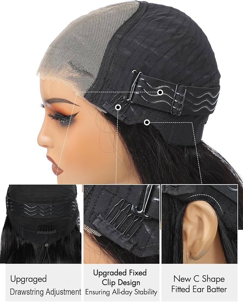 9X6 HD Lace Drawstring Cheveux Humain Sans Colle Perruque Femme Naturelle Brésilien Straight 200 Densité Glueless Wig human Hair Pre Plucked Pre Cut for Women Friendly For Beginners 34 Pouces