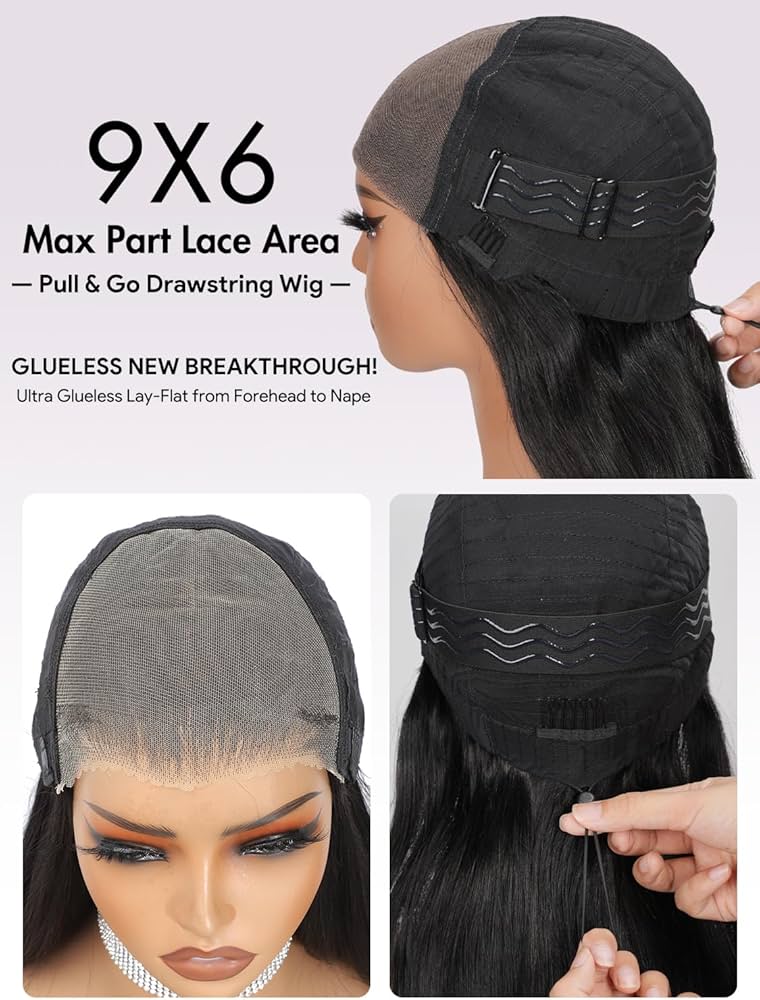 9X6 HD Lace Drawstring Cheveux Humain Sans Colle Perruque Femme Naturelle Brésilien Straight 200 Densité Glueless Wig human Hair Pre Plucked Pre Cut for Women Friendly For Beginners 34 Pouces